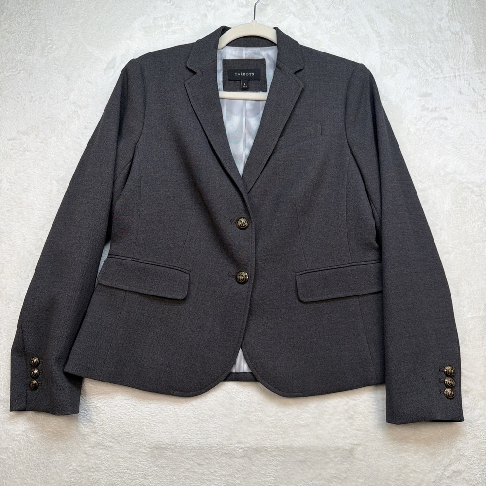 Talbots Blazer Womens 6 Grey Career Work Jacket Gold Button Tailored Fit